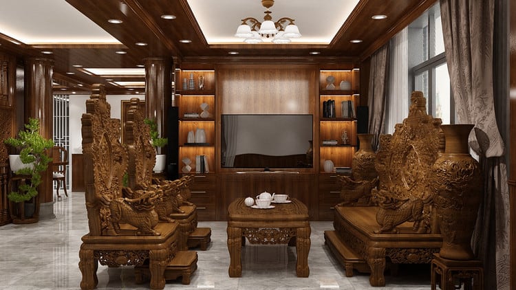 Thiết kế phòng khách đẹp 13 Thiet ke phong khach voi kieu hien dai co dien dep nhat Hue - Mihico